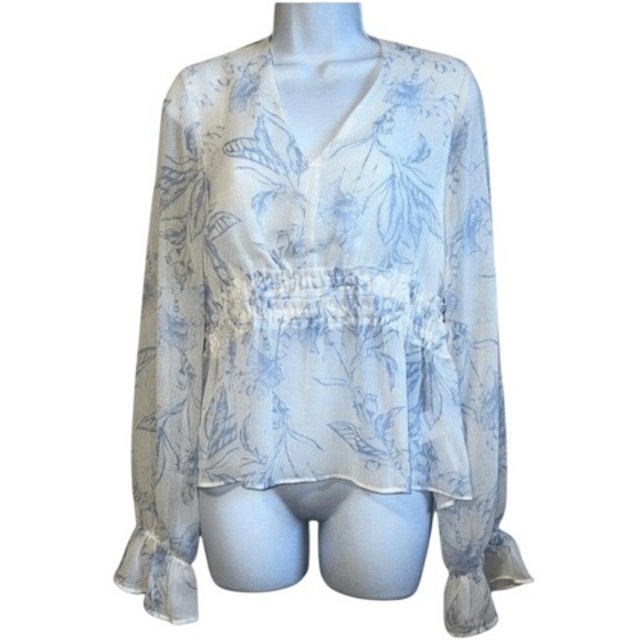 EXPRESS Elasticized Waist Peplum Hem  White Chiffon Floral  L/S Top NWOT  Small - Picture 1 of 8